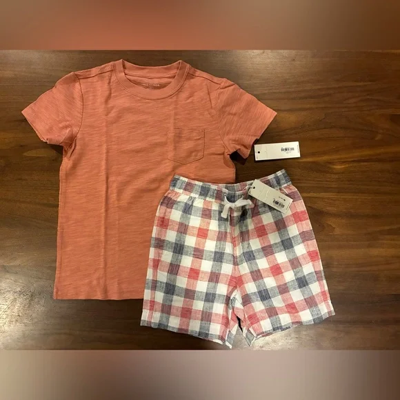 NWT- Janie and Jack Coral Pocket Tee with Plaid Shorts Set - Picture 2 of 4